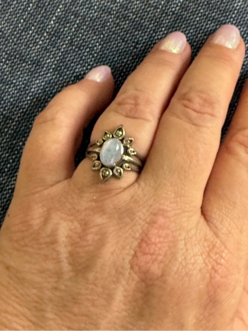 Sterling Silver Sunburst Moonstone Ring - Opalescent Blue size 7